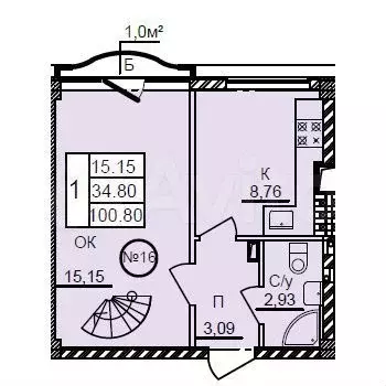 1-к. квартира, 34,8 м, 3/3 эт. - Фото 0