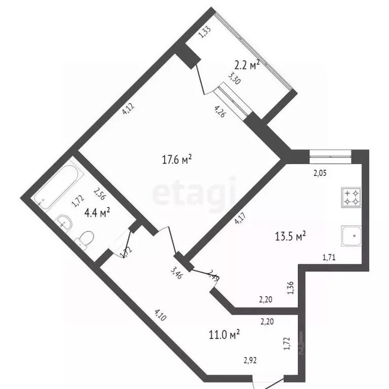 1-к кв. Калининградская область, Калининград ул. Гайдара, 155 (46.4 м) - Фото 2