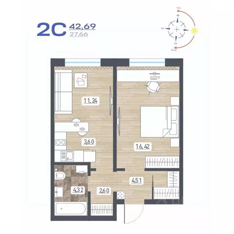 2-к кв. Новосибирская область, Новосибирск ул. Забалуева, с10 (42.69 ... - Фото 2