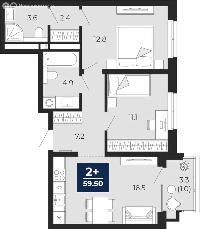 2-комнатная квартира: Тюмень, проезд Капитана Куликова, 7 (61.8 м) - Фото 1