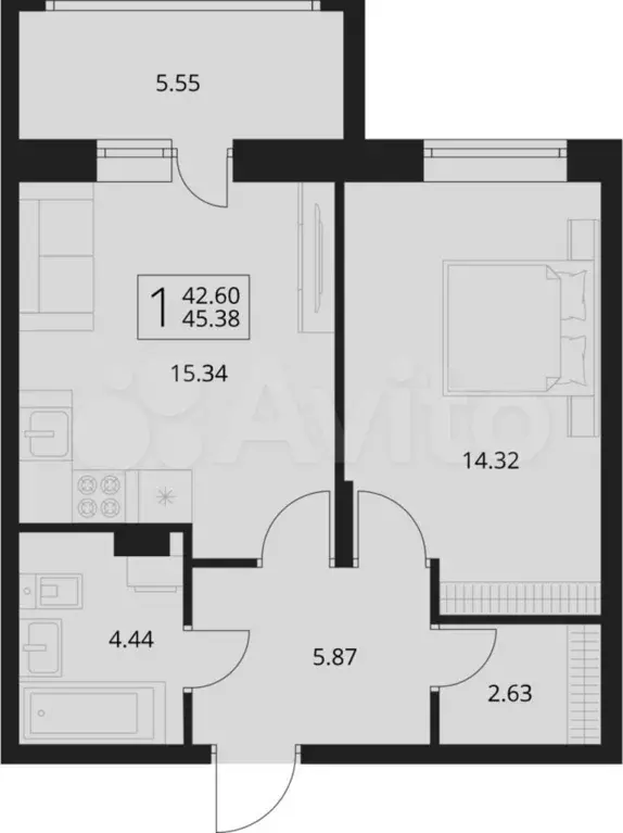 1-к. квартира, 45,4 м, 2/17 эт. - Фото 1