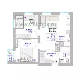 2-к. квартира, 52,2 м, 3/8 эт. - Фото 1