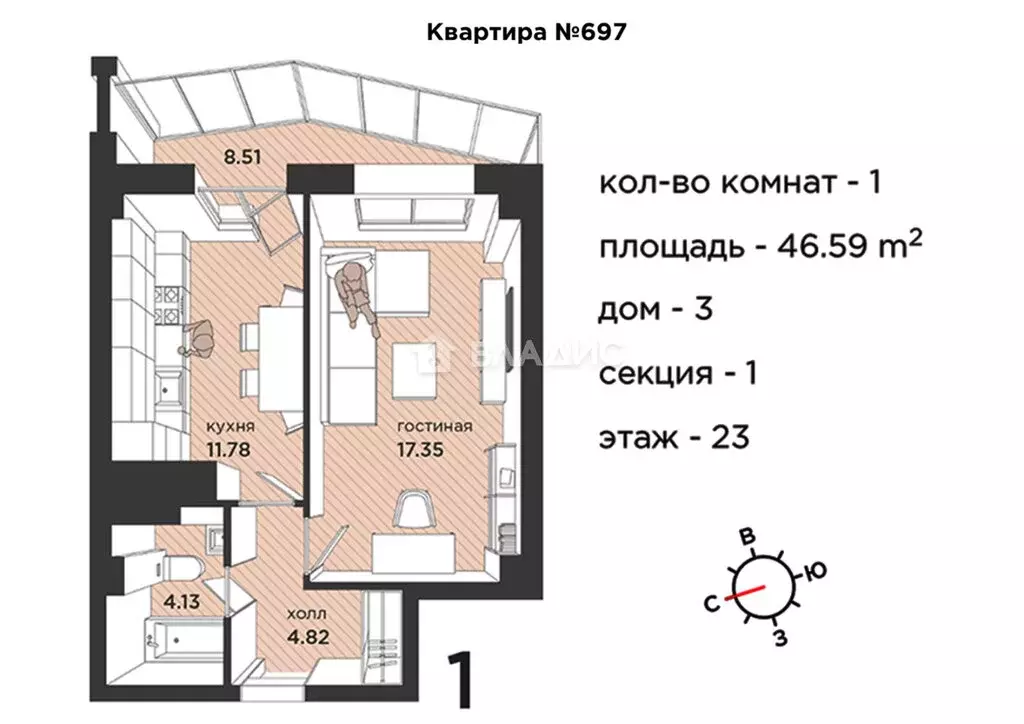 1-комнатная квартира: Калининград, улица Гайдара, 90 (46.59 м) - Фото 0