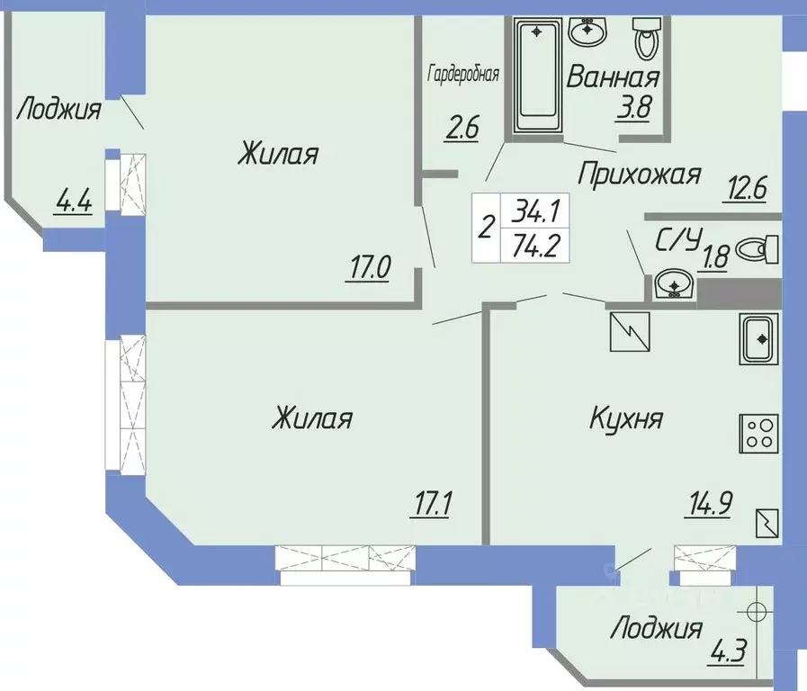 2-к кв. Чувашия, Чебоксары ул. Анатолия Игумнова, 6 (73.8 м) - Фото 0