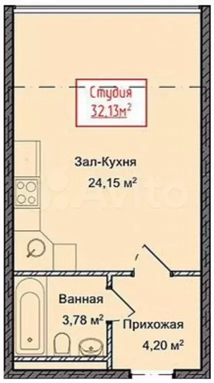 Квартира-студия, 32,1 м, 2/13 эт. - Фото 1