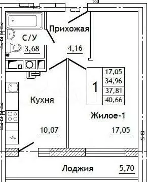 1-к. квартира, 40,7 м, 7/10 эт. - Фото 0