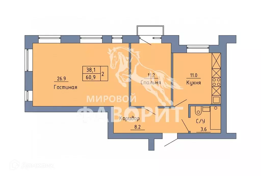 Продаётся 2-к квартира, 60.9 м - Фото 0