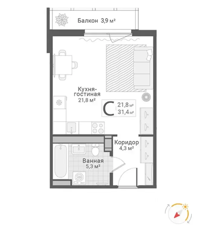 Студия Санкт-Петербург ул. Руднева, 15 (31.3 м) - Фото 2