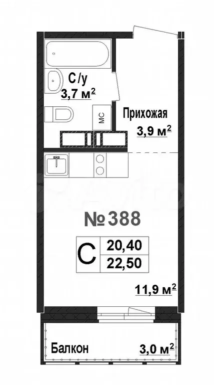 1-к. квартира, 20,4 м, 16/17 эт. - Фото 0