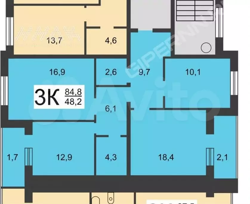 3-к. квартира, 80,8 м, 4/9 эт. - Фото 0
