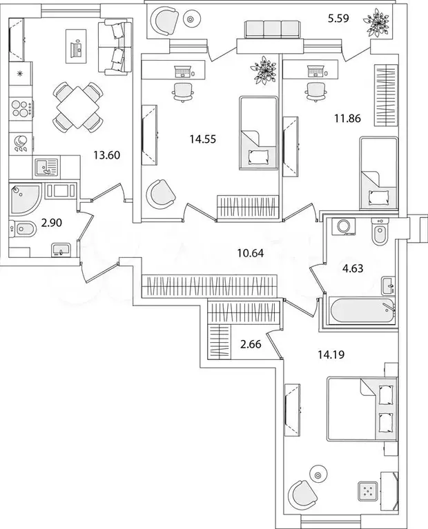 3-к. квартира, 77,6 м, 8/9 эт. - Фото 1