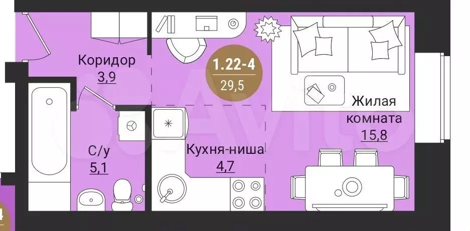 Квартира-студия, 29,5 м, 1/7 эт. - Фото 0