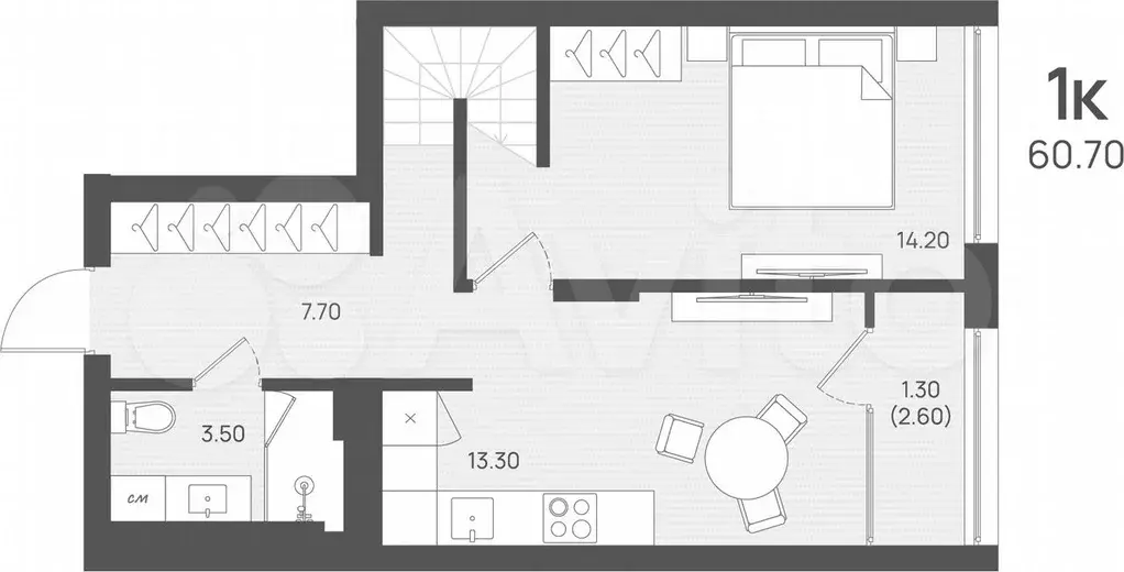 1-к. квартира, 60,7 м, 4/4 эт. - Фото 1