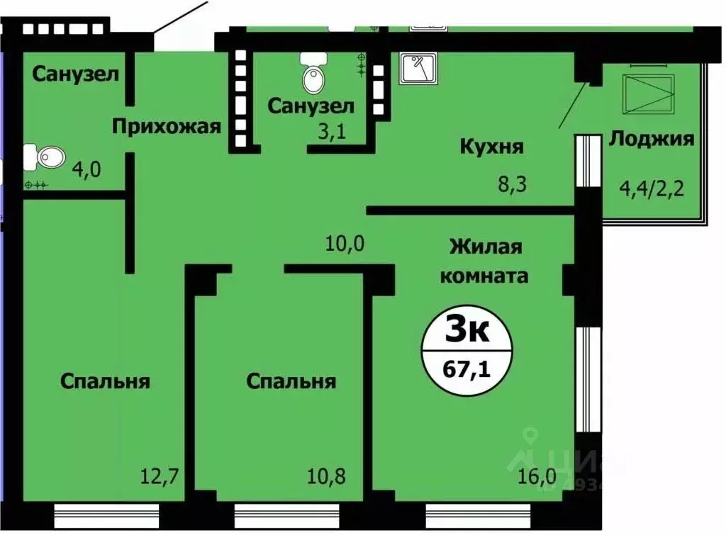 3-к кв. Красноярский край, Красноярск Лесопарковая ул., 43 (66.9 м) - Фото 0