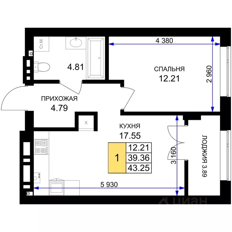 1-к кв. Калининградская область, Гурьевск Включи жилой комплекс (43.25 ... - Фото 1