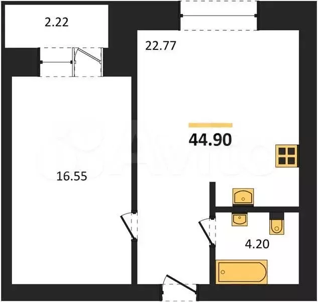 1-к. квартира, 44,9 м, 2/3 эт. - Фото 0