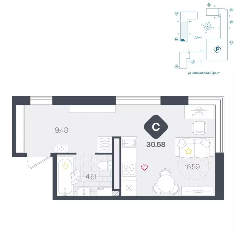 Квартира-студия: Тюмень, жилой комплекс Сибирский (30.58 м) - Фото 1