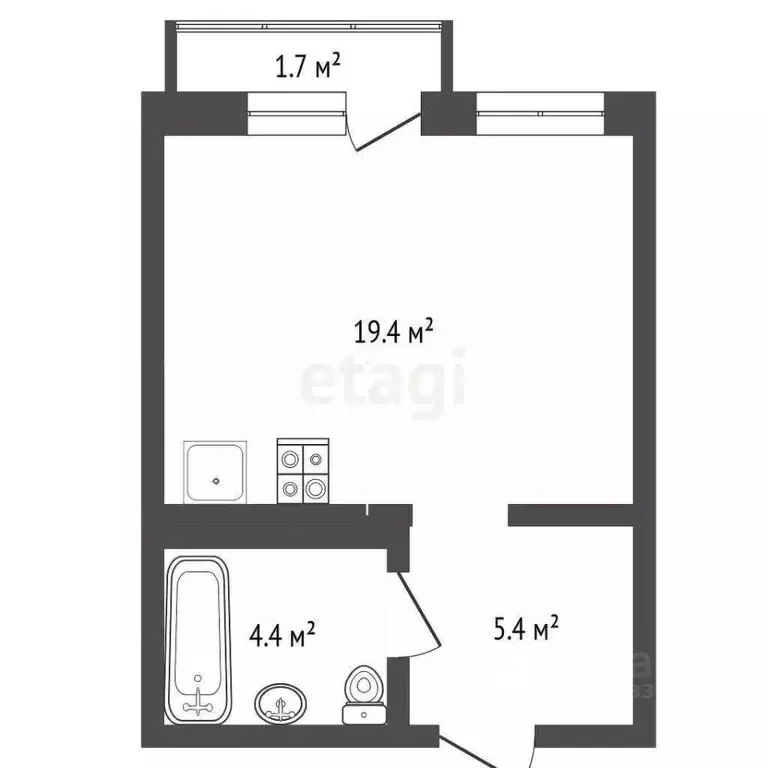 Студия Тюменская область, Тюмень ул. Газовиков, 44 (28.7 м) - Фото 2