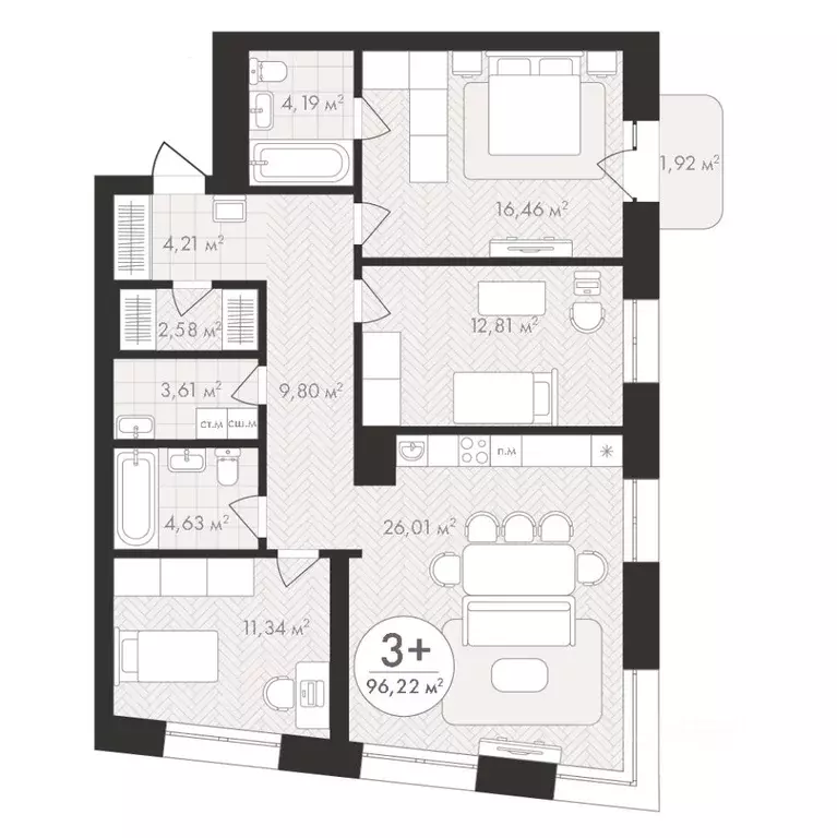 3-к кв. Башкортостан, Уфа Южный-2 мкр,  (96.22 м) - Фото 0