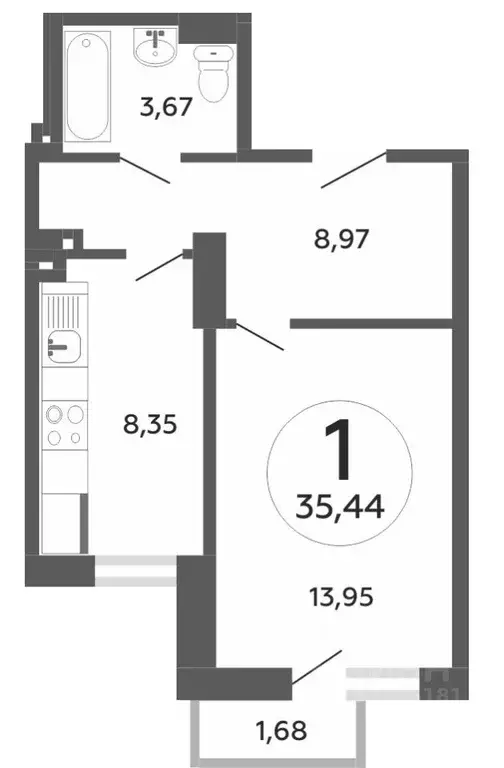 1-к кв. Ростовская область, Ростов-на-Дону Стабильная ул., 3с2 (35.0 ... - Фото 1