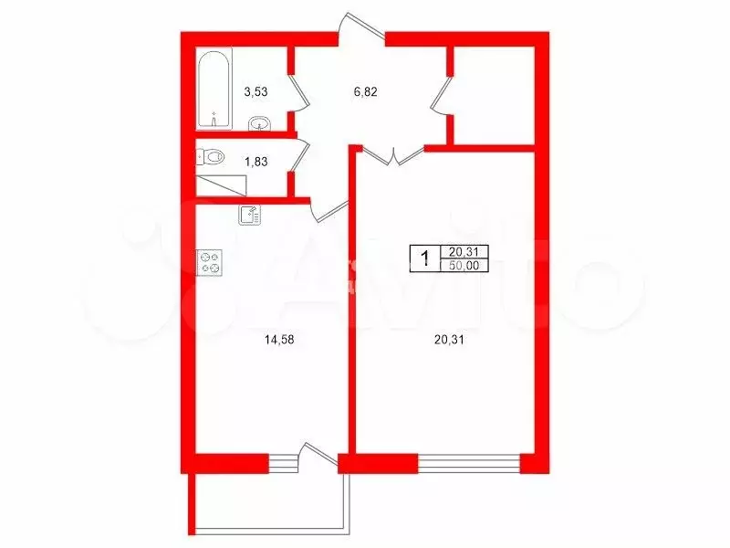 1-к. квартира, 50 м, 13/16 эт. - Фото 0
