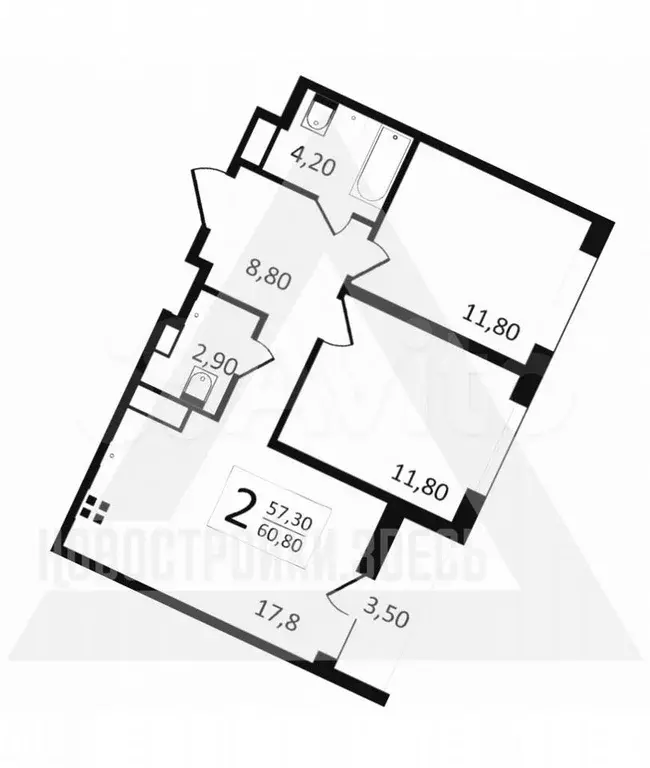 2-к. квартира, 60,8 м, 7/9 эт. - Фото 1