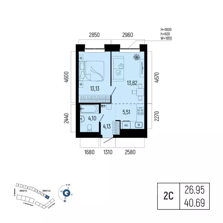 2-к кв. Башкортостан, Уфа Глумилино-1 мкр, Новатор жилой комплекс ... - Фото 1