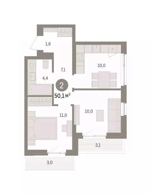 2-к кв. Пермский край, Пермь Крохалева мкр,  (50.13 м) - Фото 2