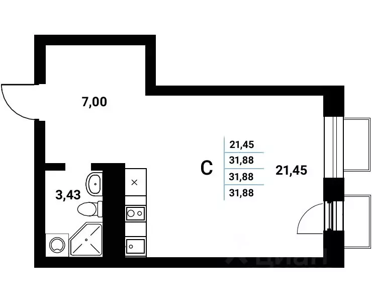 Студия Воронежская область, Воронеж наб. Чуева, 7 (31.88 м) - Фото 1