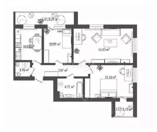 3-к кв. Омская область, Омск ул. Гусарова, 48 (71.45 м) - Фото 0