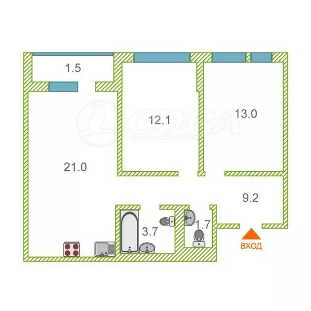 2-комнатная квартира: Тюмень, Полевая улица, 117к4 (62.2 м) - Фото 0