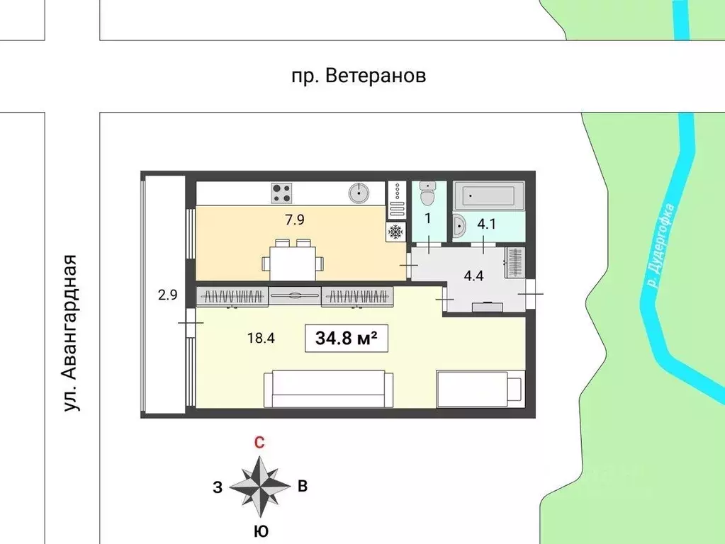 Квартира, 1 комната, 34.79 м - Фото 1