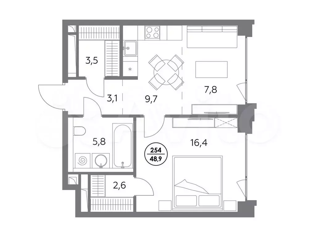 1-к. квартира, 48,9 м, 6/8 эт. - Фото 0