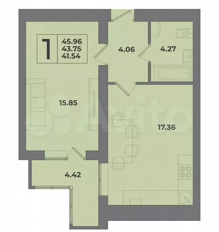 1-к. квартира, 43,8 м, 3/9 эт. - Фото 1