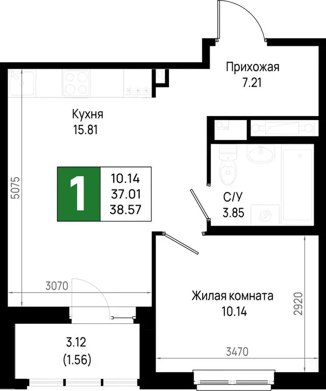 1-комнатная квартира: Новосаратовка, ЖК Имена (38.57 м) - Фото 1