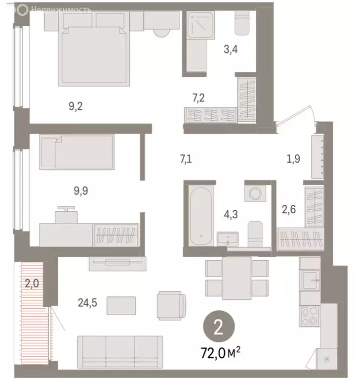2-комнатная квартира: Новосибирск, улица Аэропорт (71.99 м) - Фото 1