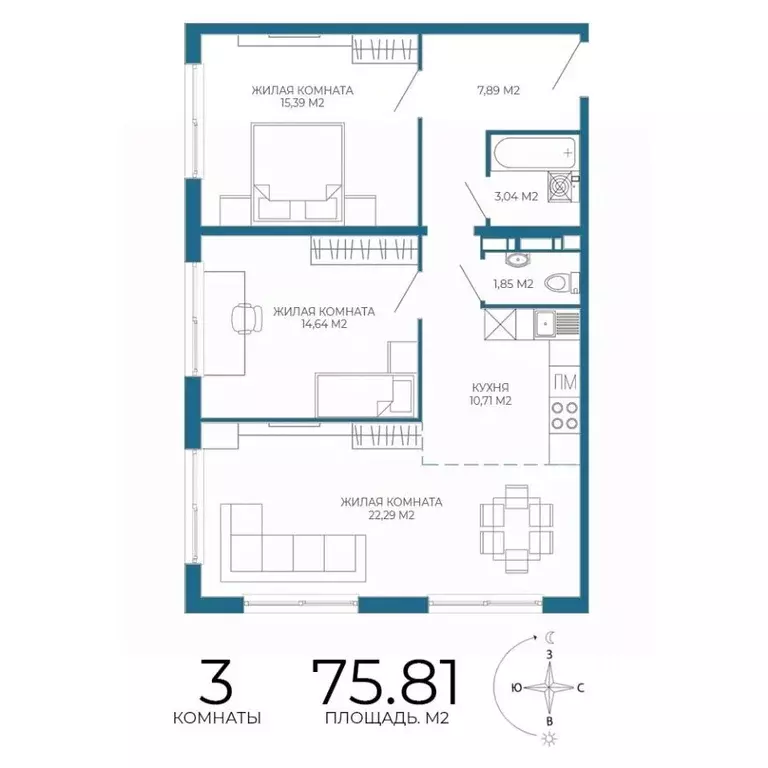 3-к кв. Пензенская область, Пенза Чаадаев жилой комплекс (75.81 м) - Фото 1