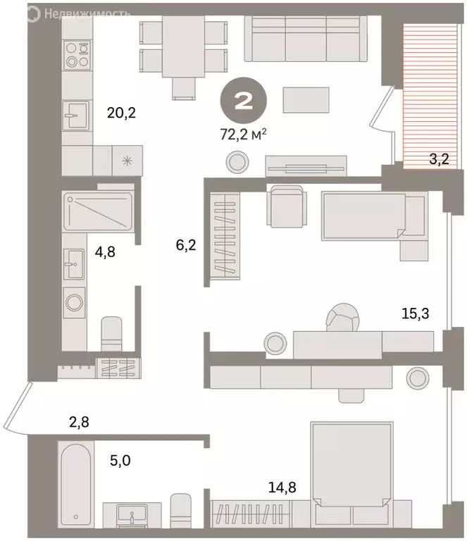 2-комнатная квартира: Омск, Кировский округ (72.18 м) - Фото 2