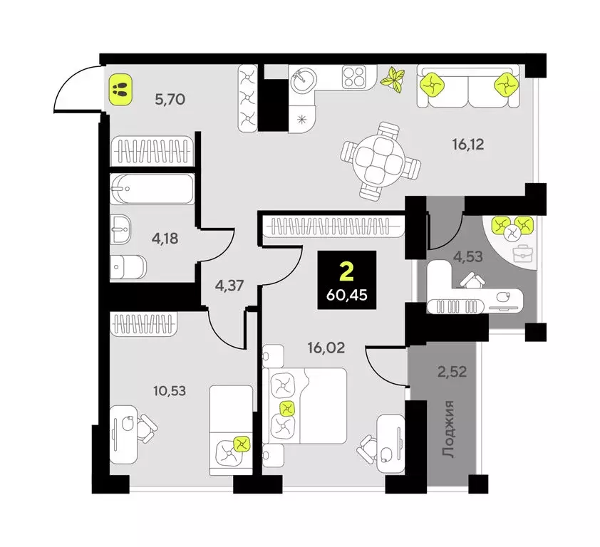 2-комнатная квартира: Тюмень, улица Первооткрывателей, 11 (56 м) - Фото 1