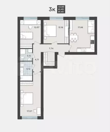 3-к. квартира, 81,4 м, 1/9 эт. - Фото 1