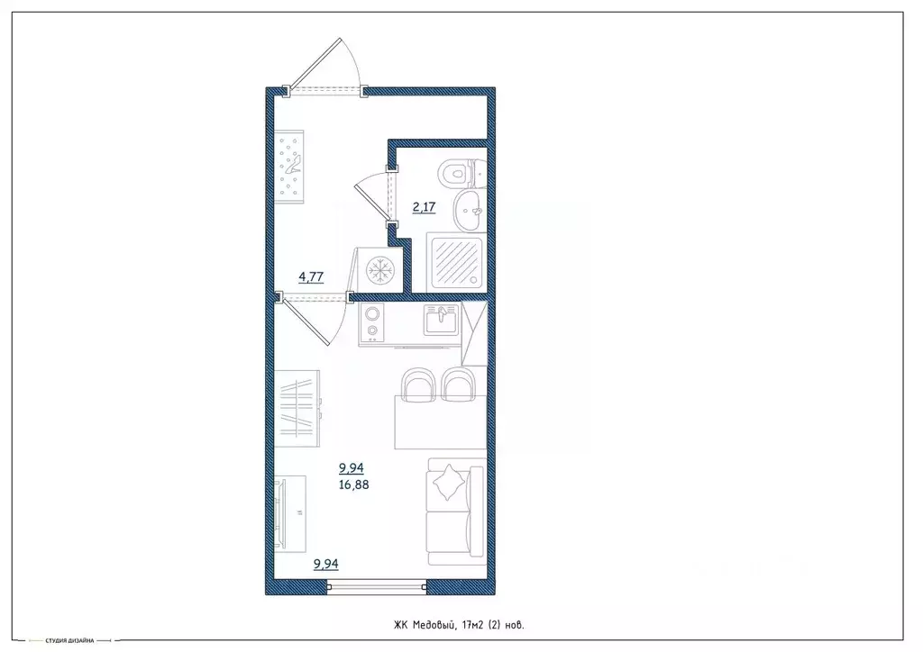 Студия Тверская область, Тверь ул. Медовая, 9к4 (17.0 м) - Фото 2