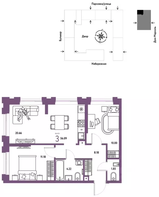 3-к кв. Тюменская область, Тюмень Береговая ул., 100к2 (56.09 м) - Фото 1