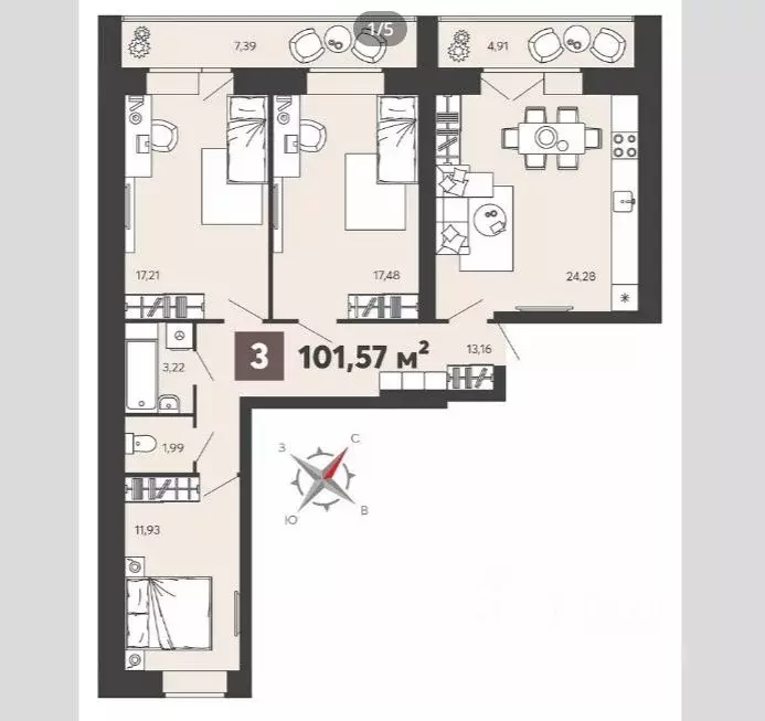 3-к кв. Пензенская область, Пенза ул. 8 Марта, 31к4 (101.57 м) - Фото 1