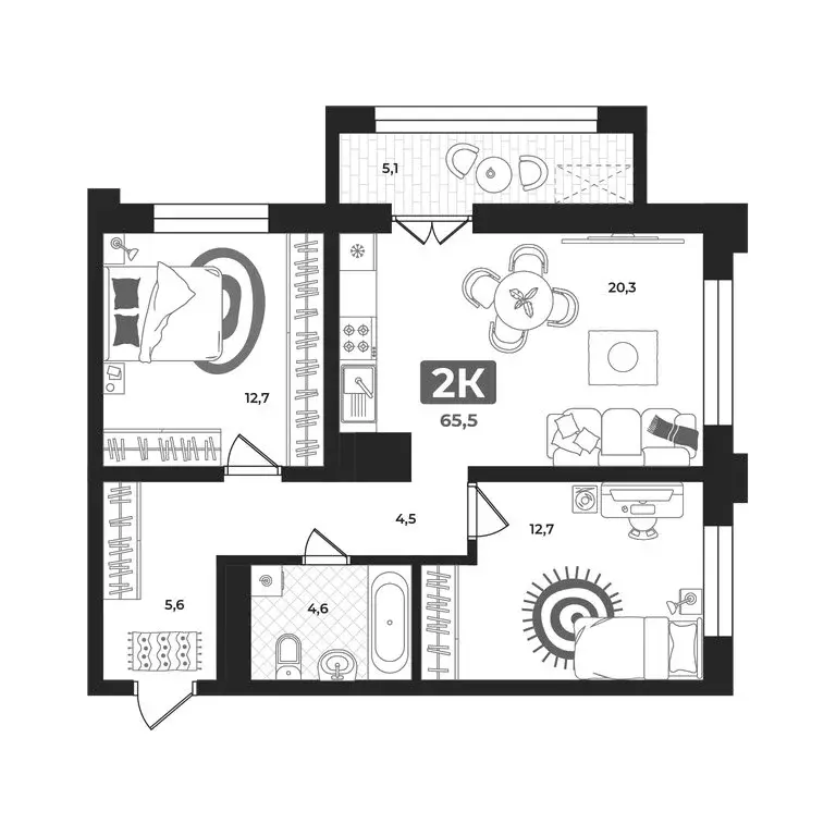 2-комнатная квартира: Тюмень, улица Братьев Бондаревых, 5 (60 м) - Фото 1