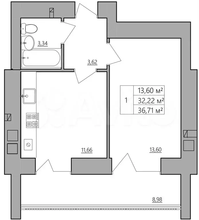 1-к. квартира, 36,7 м, 1/9 эт. - Фото 0