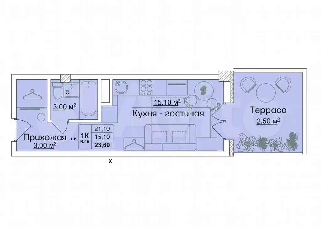 Квартира-студия, 21,1 м, 2/3 эт. - Фото 1