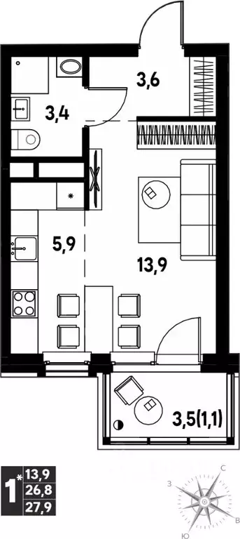 Студия Пермский край, д. Кондратово просп. Дягилева, 2 (27.9 м) - Фото 1
