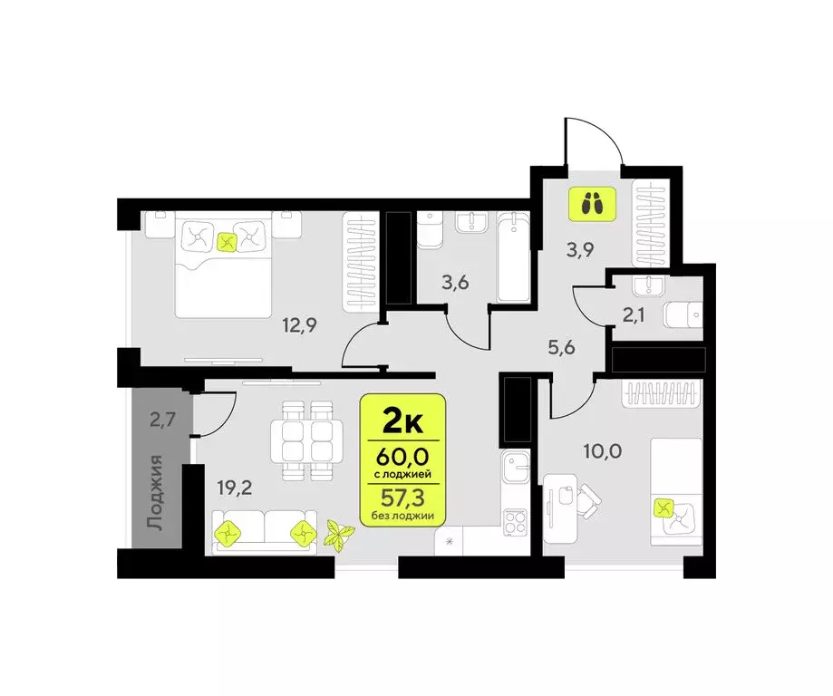 2-комнатная квартира: Тюмень, улица Андрея Приказнова, 7 (60 м) - Фото 1