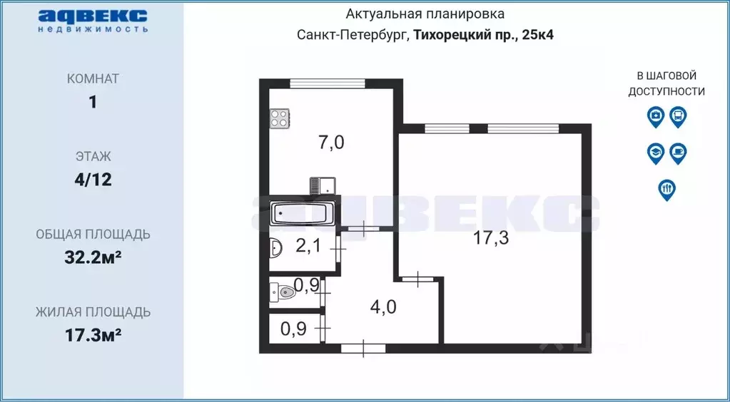 1-к кв. Санкт-Петербург Тихорецкий просп., 25К4 (32.2 м) - Фото 1