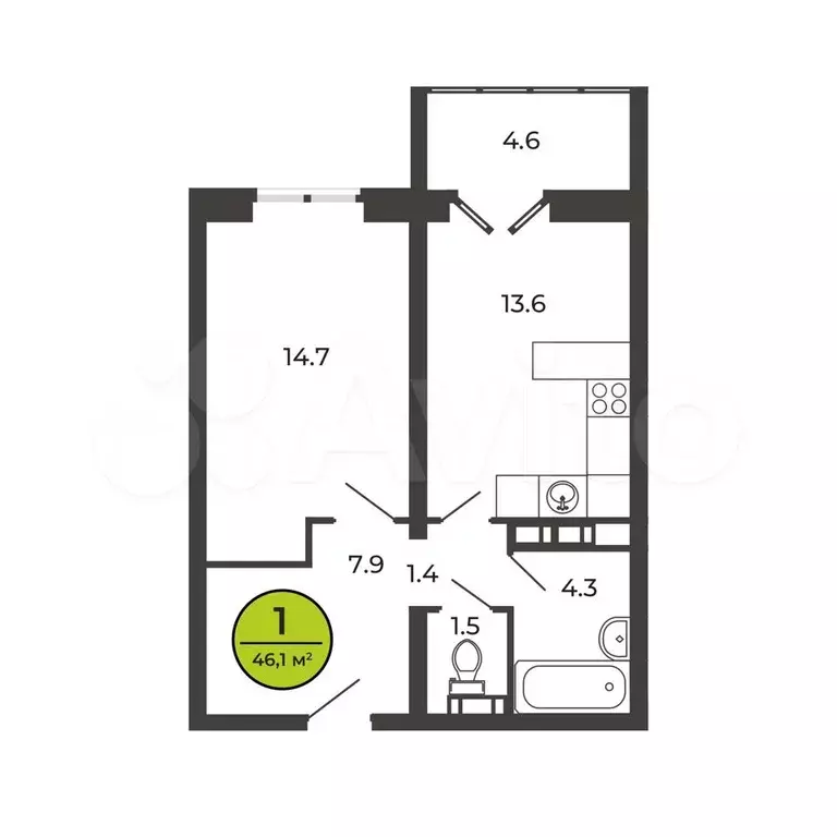 1-к. квартира, 46,1 м, 5/8 эт. - Фото 1